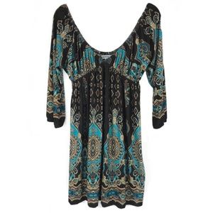 Bailey Blue Brown & Turquoise Baby Doll Dress SZ L